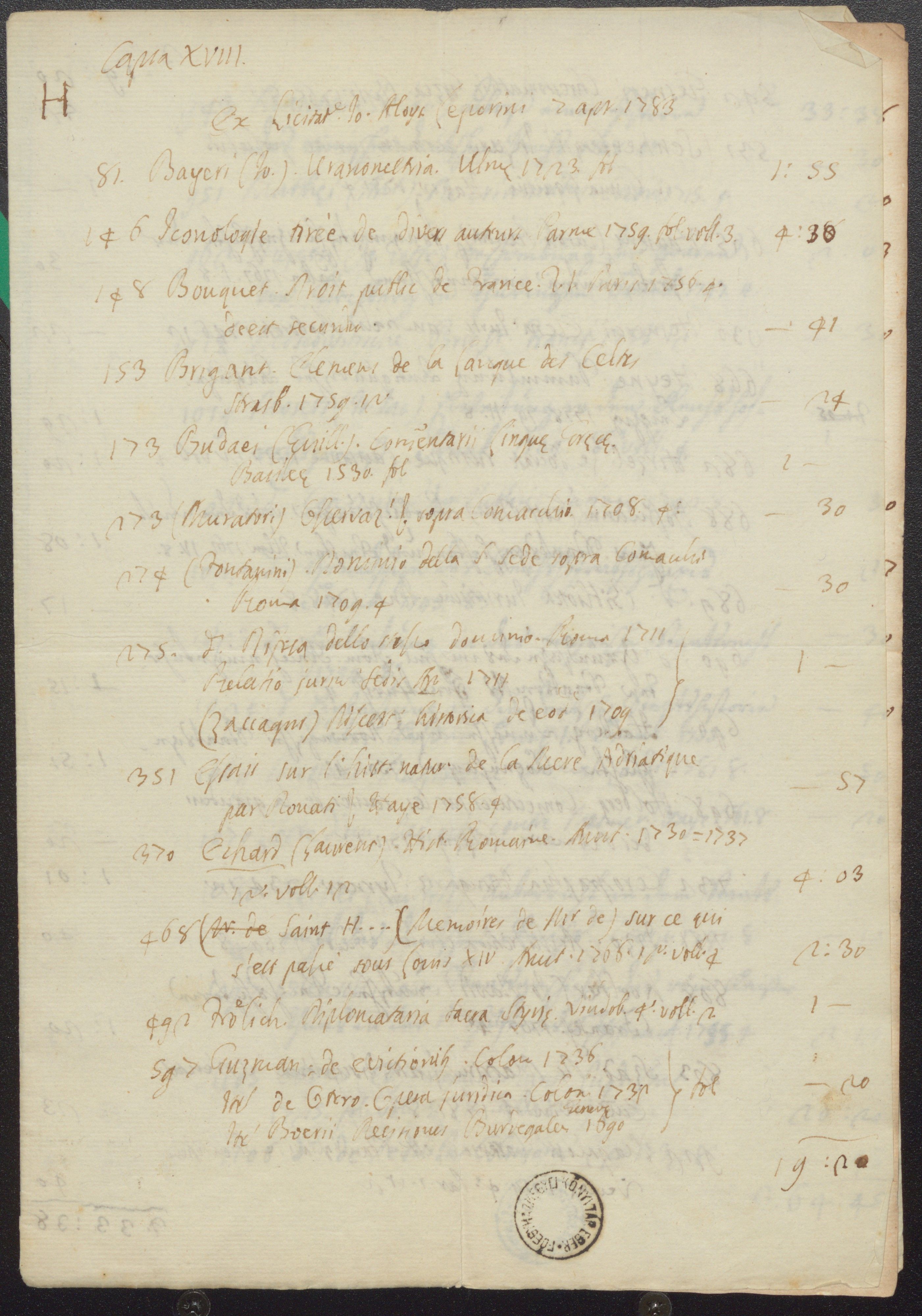 Giuseppe Aloisio Leporini könyveinek 1783. április 2-án tartott aukcióján vett művek jegyzéke