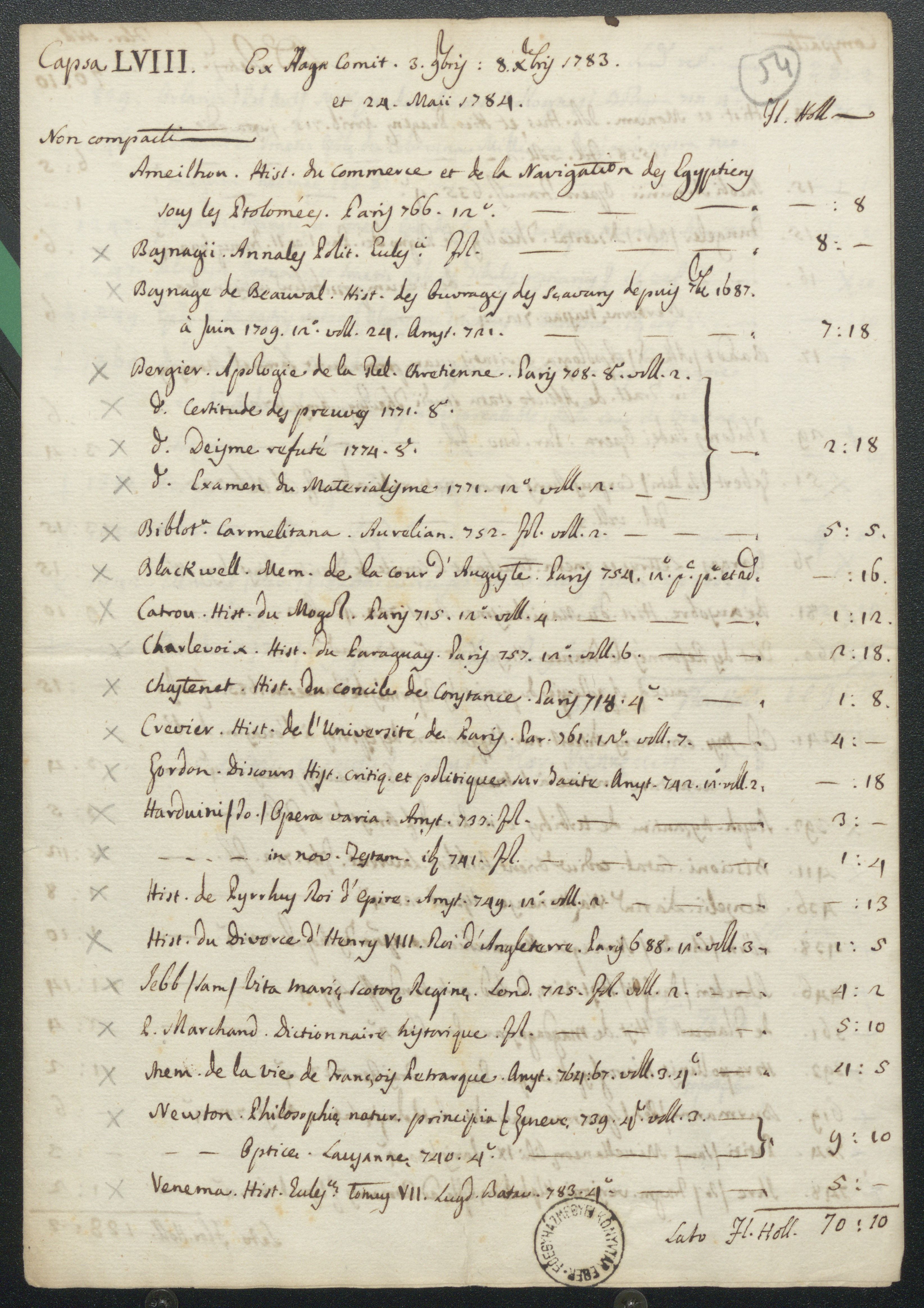 A Hágában 1783. november 3-án, december 8-án és 1784. május 24-én vett könyvek jegyzéke