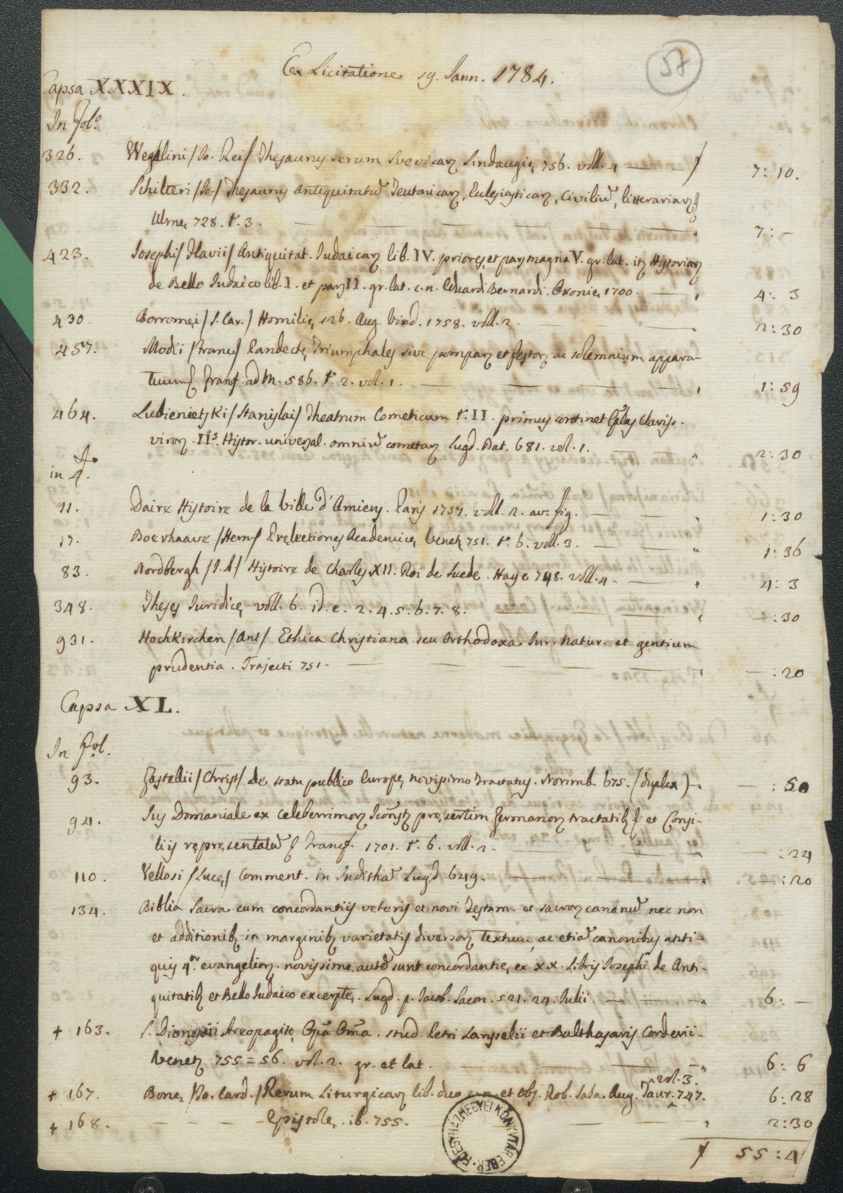 A Lipcsében/Bécsben? 1784. január 19-én tartott könyvlicitáláson vásárolt könyvek jegyzéke
